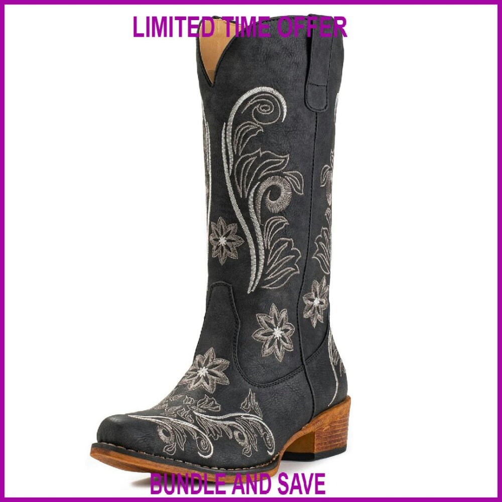 Mid Calf Cowgirl Boots Embroidered Pull-On Snip Toe Western Style